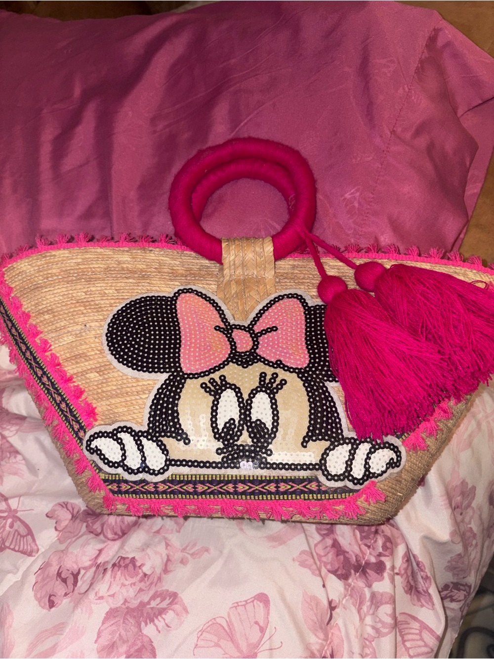Pink Minnie Mouse Straw Tote Bag with Tassel
